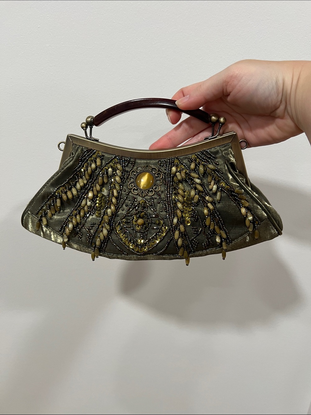Vintage Embellished Sik Beaded Evening Clutch - Gold Accents